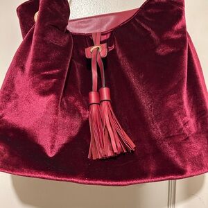 Velvet Purse with  short brown strap  with tassels in the front.
